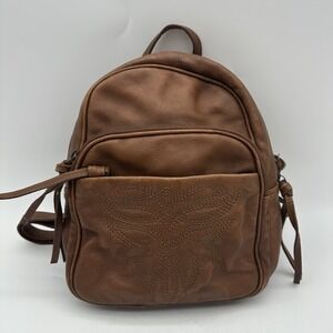 Frye Charlene Embroidered Leather Backpack In Color Cognac 10.5" Design On Front